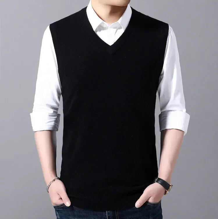 New Men's Autumn High-end Sweater Vest V-neck Warm Knit Sleeveless Men's Clothes Pullover Tops