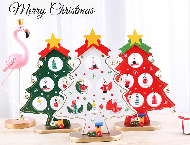 Holiday Tabletop Décor Carved Wood Xmas Tree 6 Hole Centerpiece for Mantel Scene Christmas Village Diorama Craft Ornament