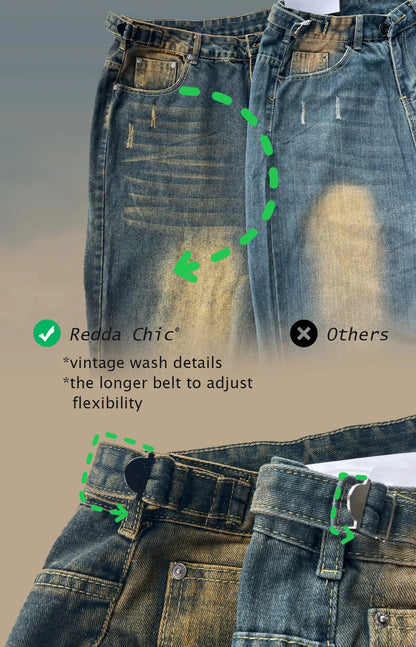 Big Size Green Wash Men Barrel Baggy Jeans Y2k Retro Adjust-waist Casual Wide Pants Oversized Skater Hip-hop Streetwear