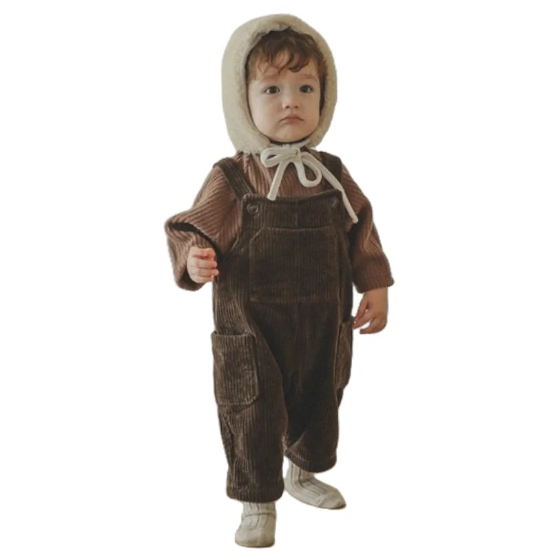 2025 New Korean Toddler Baby Boys Corduroy Overalls Casual Look Front Pocket One Piece Baby Pants Girls Trousers