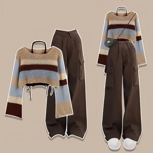 Women's Spring Vintage Hollow Stripe Long Sleeved Knitwear+ Strap+ Cargo Pants Suit Korean Elegant Sweater Trousers Matching Set
