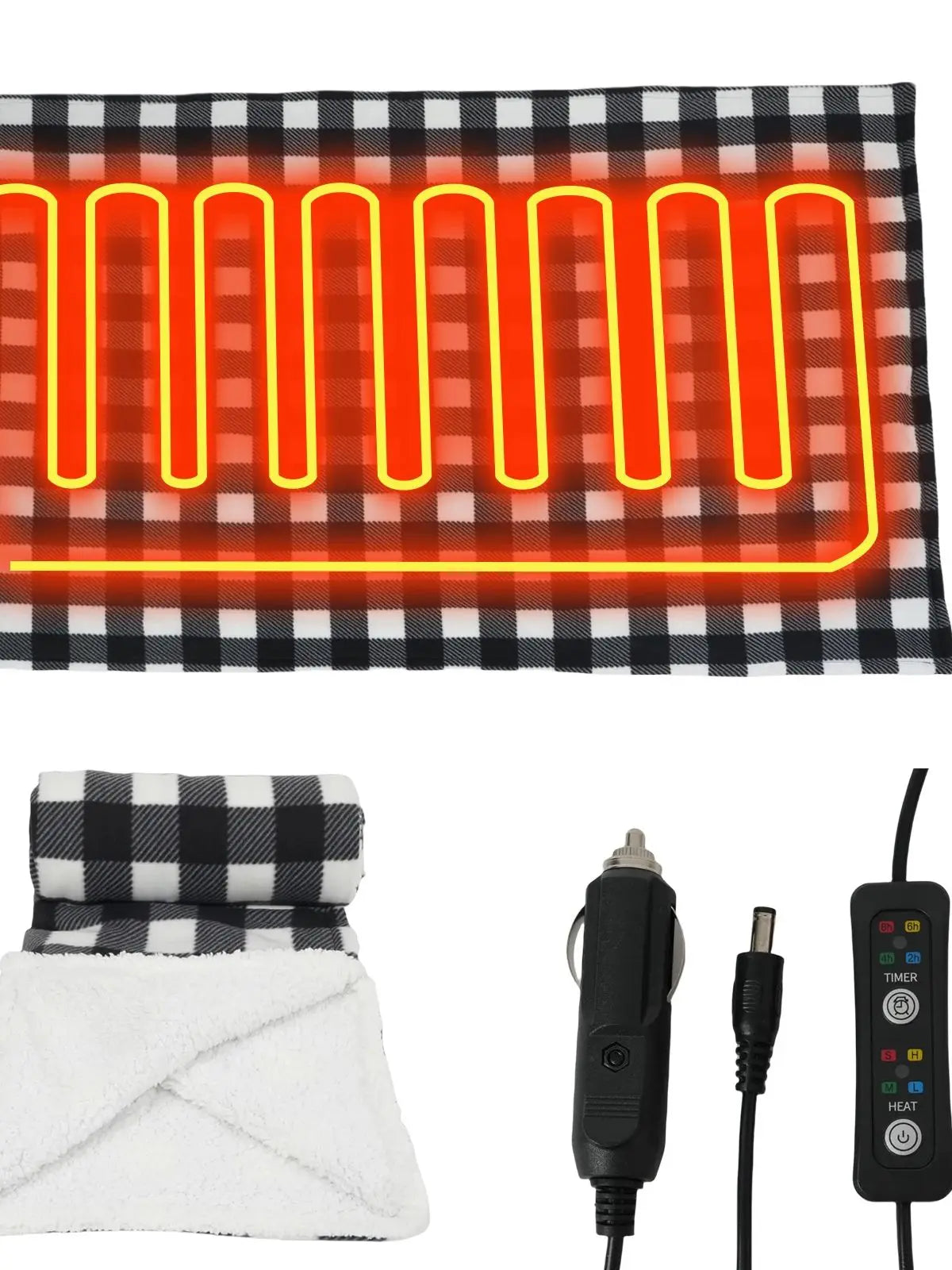 Heated Car Blanket 12-Volt Electric Blanket for Car, Truck, SUV, RV, Portable Heated Throw for Camping Red Black White Plaid