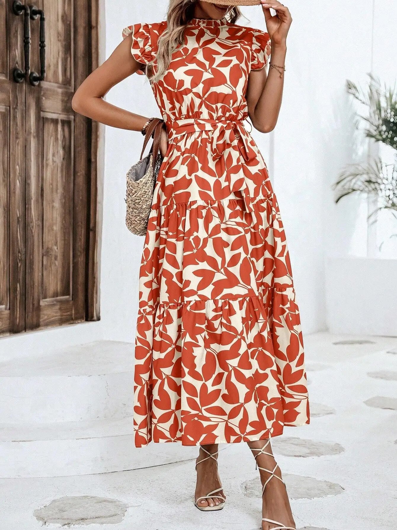 Elegant Women's Flower Midi Dress New Summer Fashion Stand Collar Flying Sleeve Lace Up Dress Casual Beach Holiday Dresses Robe