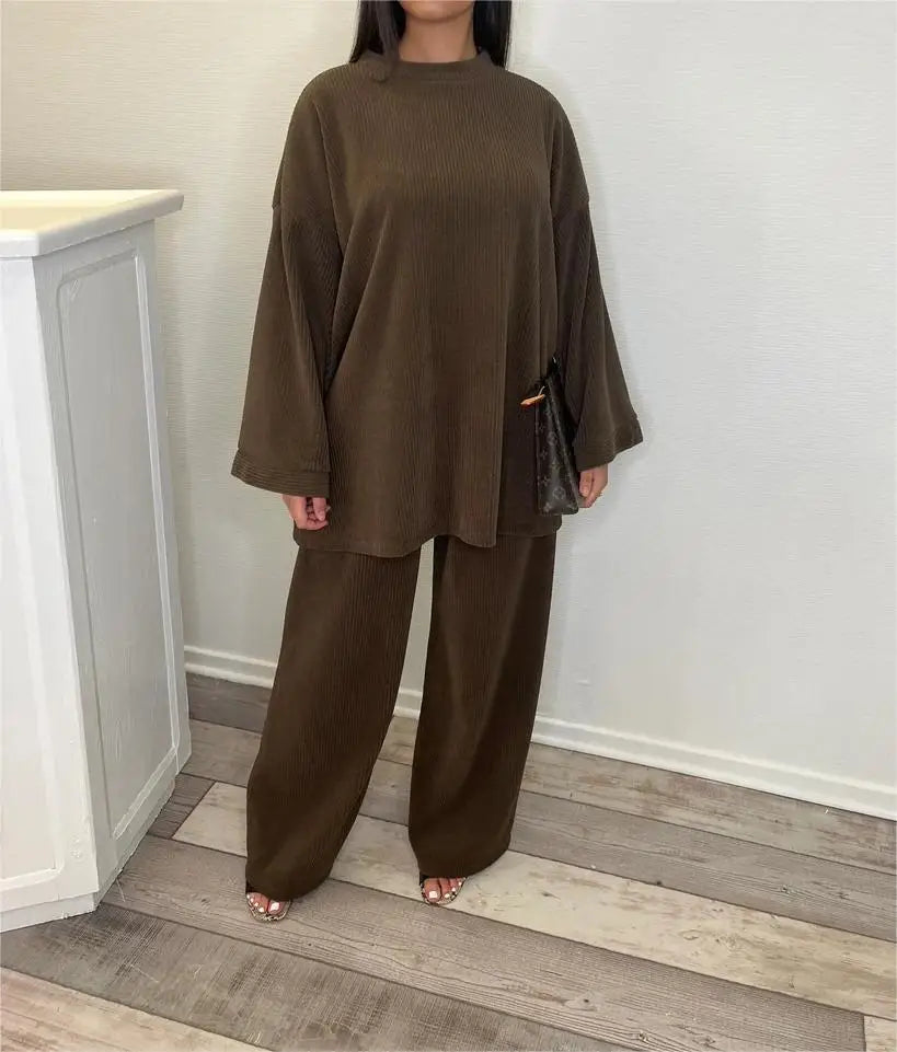 Spring Autumn Solid Color Corduroy Pants Sets Women Loose Long Sleeve Wide Legs Trousers Two Piece Set Female Commuting Clothing