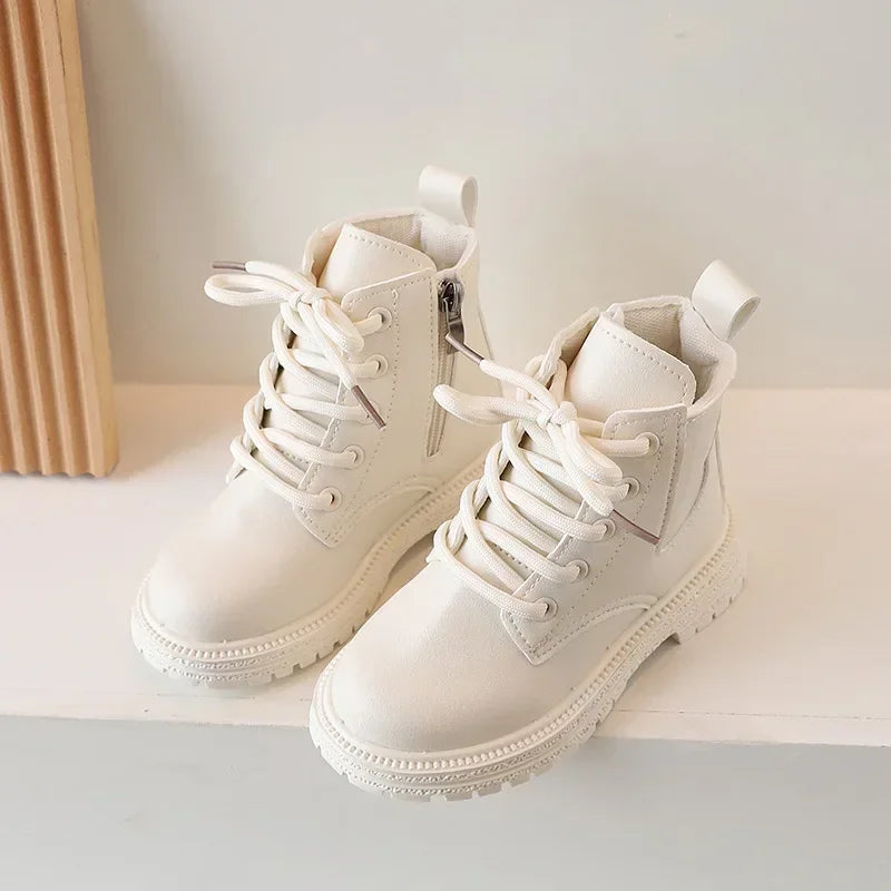 2025 Beige Girls Boots Side Zipper Simple Non-slip Casual Kids Shoes Versatile Soft Boys Britain Style Children Short Boots PU