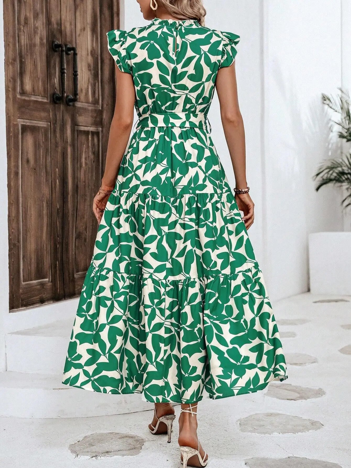Elegant Women's Flower Midi Dress New Summer Fashion Stand Collar Flying Sleeve Lace Up Dress Casual Beach Holiday Dresses Robe
