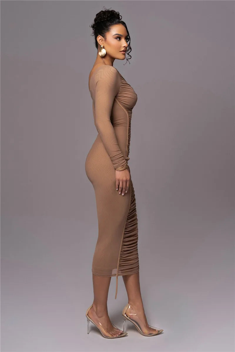 Diagonal Collar Long Sleeve Midi Dress For Women Two Layer Mesh Backless Ruched Bodycon Club Party Sexy Long Dress