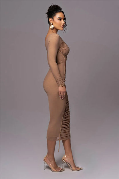 Diagonal Collar Long Sleeve Midi Dress For Women Two Layer Mesh Backless Ruched Bodycon Club Party Sexy Long Dress