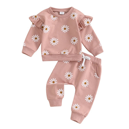 2026 Lorrainian Toddler Girl Fall Outfit Daisy Print Long Sleeve Sweatshirt with Elastic Waist Pants 2 Pcs Set