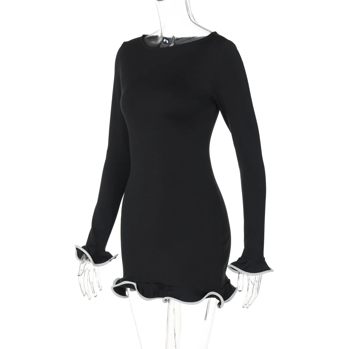 New Knitted Ruffle High Waist Mini Dress Women's Sexy Slim Long Sleeve Short Skirt Bodycon Dress Fall Luxury Crochet Clothes