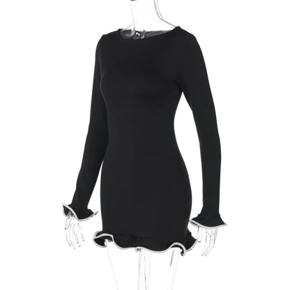 New Knitted Ruffle High Waist Mini Dress Women's Sexy Slim Long Sleeve Short Skirt Bodycon Dress Fall Luxury Crochet Clothes