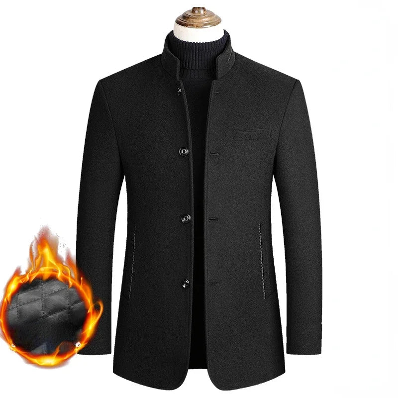 Men's Woolen Coat 2026 Autumn/Winter New Cotton Thickened Single Breasted Standing Collar Wool Blend Male Jacket