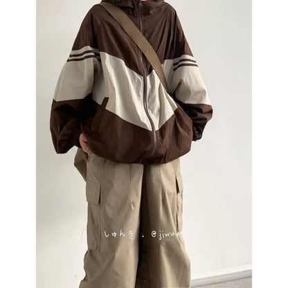 Men Jackets Hooded Baggy Patchwork Contrast Color Fashion Comfortable Waterproof Leisure Daily Retro Outer Japanese Style Chic