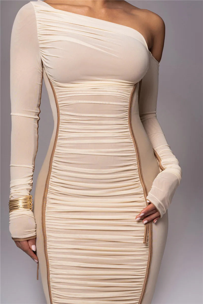 Diagonal Collar Long Sleeve Midi Dress For Women Two Layer Mesh Backless Ruched Bodycon Club Party Sexy Long Dress
