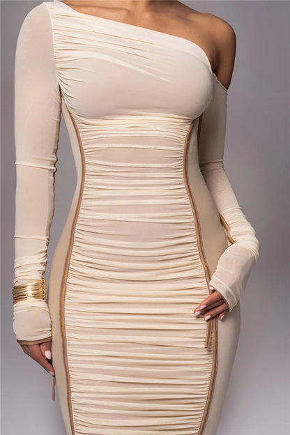 Diagonal Collar Long Sleeve Midi Dress For Women Two Layer Mesh Backless Ruched Bodycon Club Party Sexy Long Dress