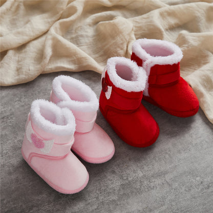 Suefunskry Newborn Baby Winter Snow Boots Contrast Color Ankle Boots Warm Plush Heart Wings Baby Walking Shoes for Toddler 0-18M