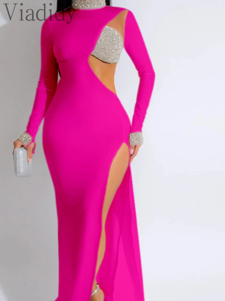 Women Sexy Rhinestone Floor Length High Slit Mermaid Party Dress