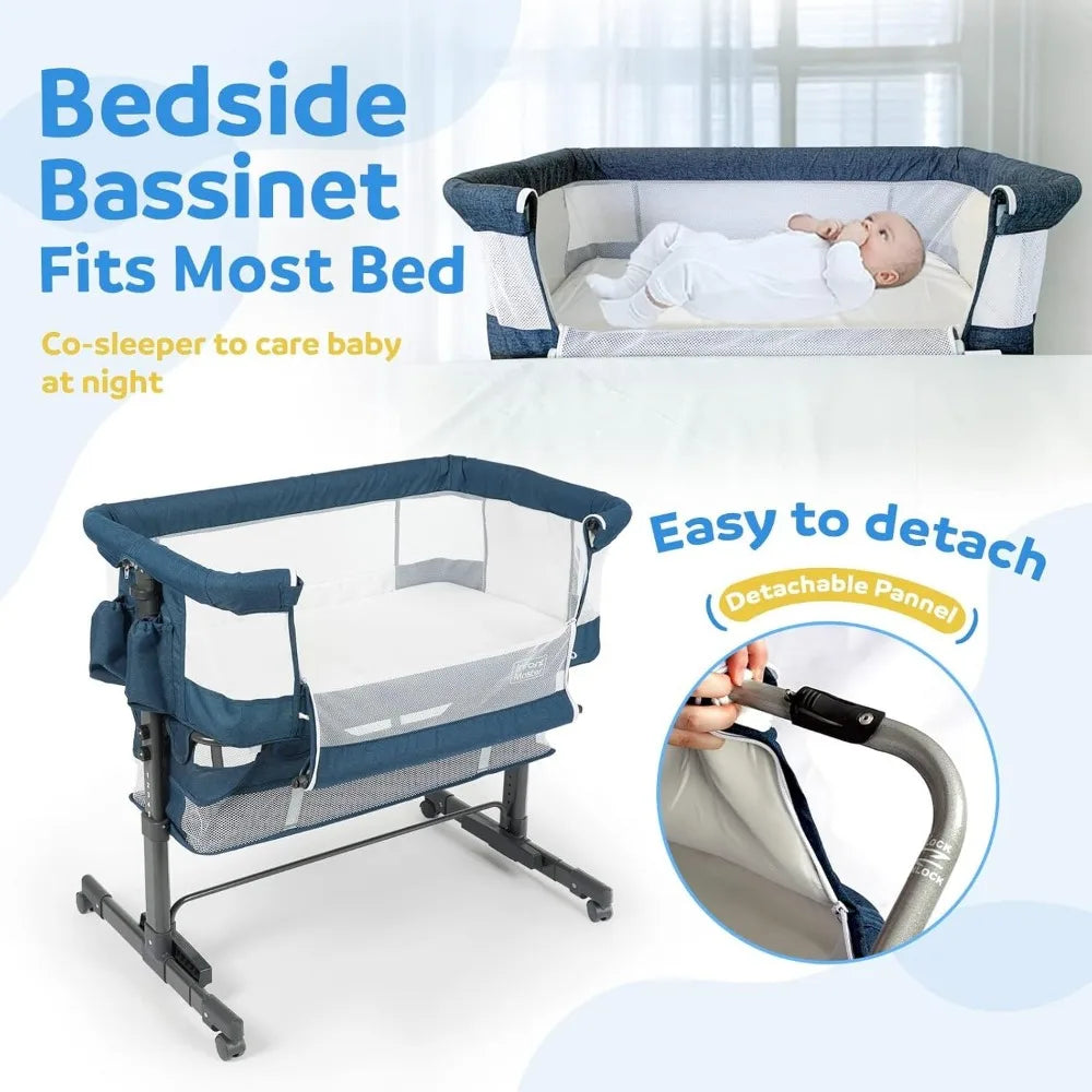 3 in 1 Baby Bassinet, Upgraded Beside Crib with 360° Highly Visible Mesh wall, Comfy Co-sleeper Bassinet with mattress, 5 Level