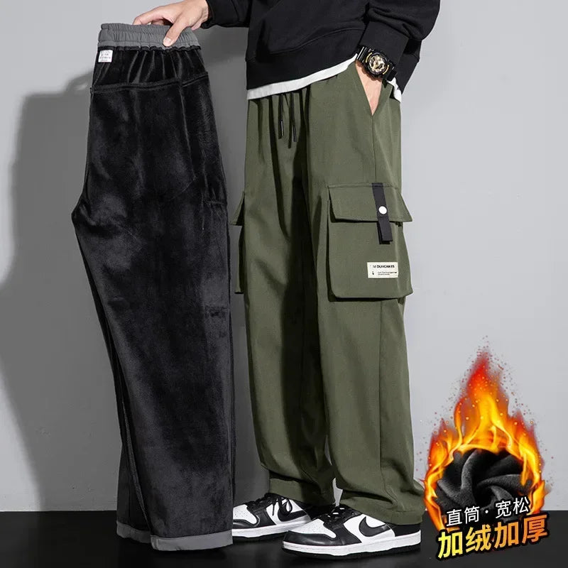 2025 Cargo Pants Men Straight Fit Wide Leg Fleece Lined Trouser Male Winter Fashion Loose Baggy Large Plus Size Warm Streetwear