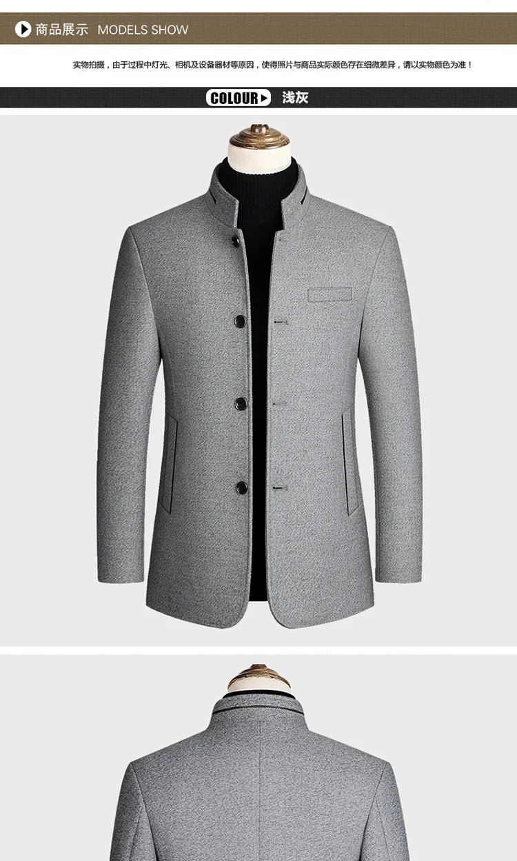 Men's Woolen Coat 2026 Autumn/Winter New Cotton Thickened Single Breasted Standing Collar Wool Blend Male Jacket