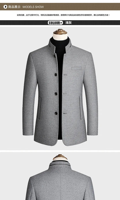 Men's Woolen Coat 2026 Autumn/Winter New Cotton Thickened Single Breasted Standing Collar Wool Blend Male Jacket