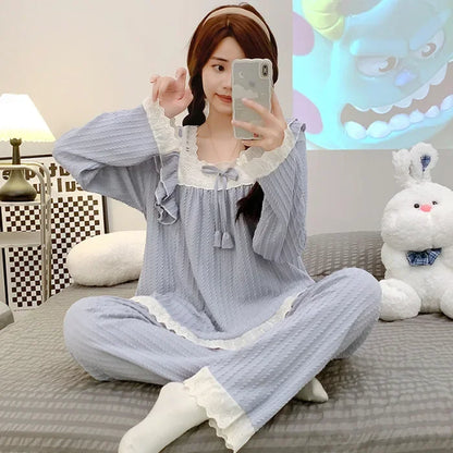 5XL Plus Size Spring Ladies Pajamas Set Princess Style Cotton Soft Sleepwear Square Neck Long-sleeve Trousers suit Household Wear