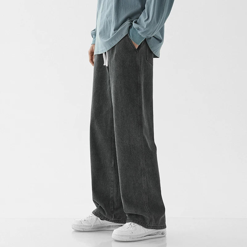 Spring Men Baggy Washed Jeans Drawstring Wide Leg Cargo Denim Pants Fashion Casual Trousers Male Designer Clothing Blue Black
