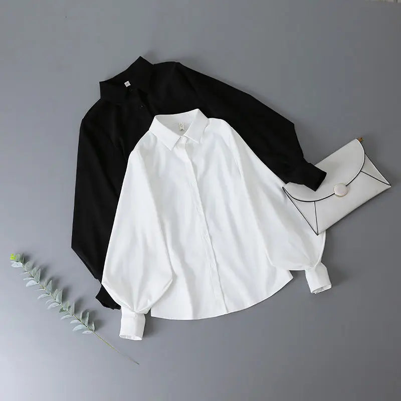 Lantern Sleeves Vintage Shirts Women Elegant White Women's Blouse with Lush Sleeves 2026 Fashion Button Up Shirt Black dropship