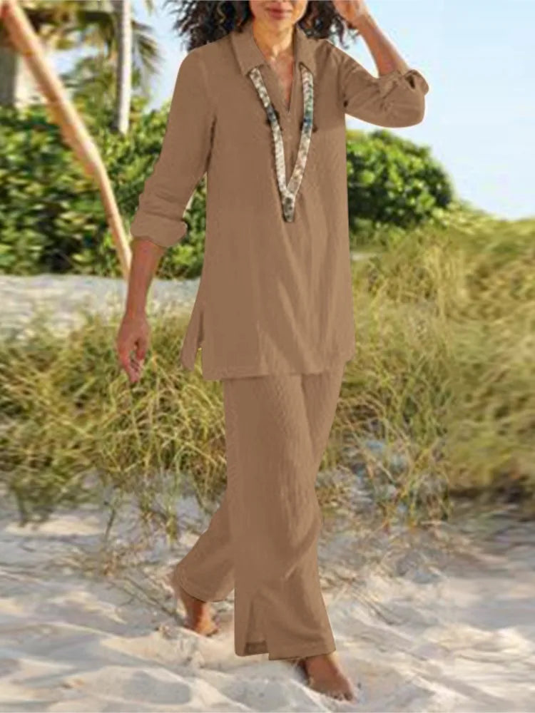 Spring Autumn Plus Size Women's Solid Color Chinese Style Retro Pants Set Cotton Linen Casual Long Sleeved Loose Cotton Set