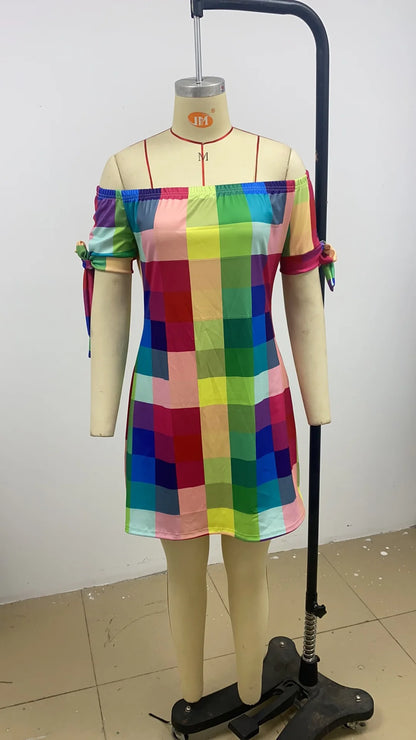 Fashionable Sexy Women's Print Dress Women's Word Shoulder Short -sleeved A -line Dress Ladies Off The Shoulder Mini Dresses