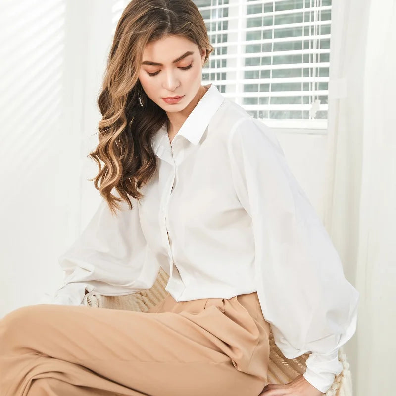 Lantern Sleeves Vintage Shirts Women Elegant White Women's Blouse with Lush Sleeves 2026 Fashion Button Up Shirt Black dropship