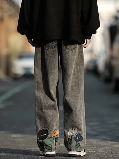 New Men's Y2K Flower Printed Baggy Jeans 2026 Streetwear American Casual Denim Wide-leg Pants Hombre Vintage Straight Trousers
