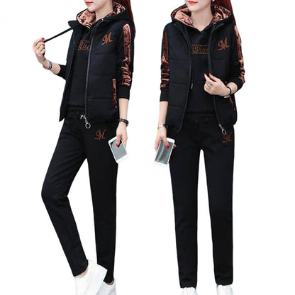 3Pcs/Set Simple Waistcoat Hoodie Pants Patchwork Color Women Tracksuit Multi Pockets Cold Resistant