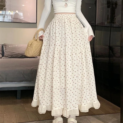 Summer White Floral Long Skirt Women's Y2k Clothes Fashion Elastic High Waist Casual Elegant Spliced Gauze Skirts for Women 2026