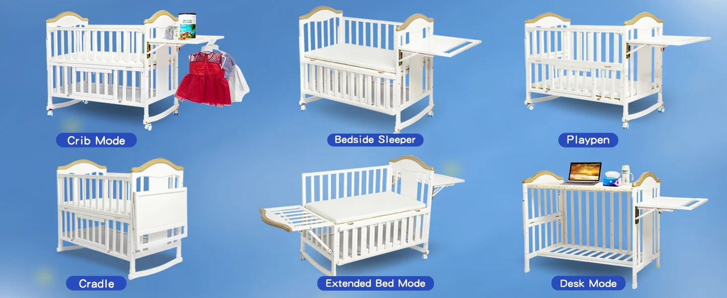 Portable Mini Baby Crib, 4-in-1 Modern Design with Foldable Storage Shelf & Mattress Included, Small Wood Convertible Crib,