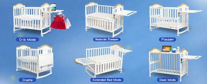 Portable Mini Baby Crib, 4-in-1 Modern Design with Foldable Storage Shelf & Mattress Included, Small Wood Convertible Crib,