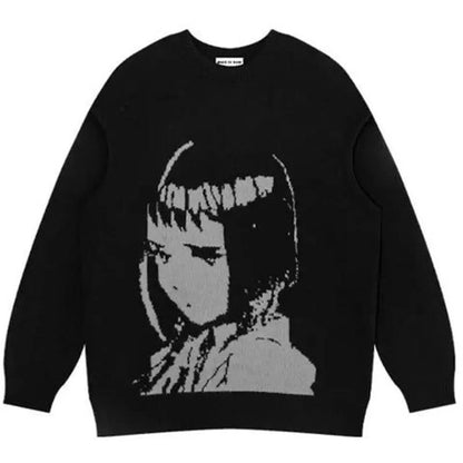 Oversized Sweater Men Women Harajuku Anime Girl Graffiti Vintage Knitted Sweater 2025 Winter Unisex Cotton Pullover Streetwear