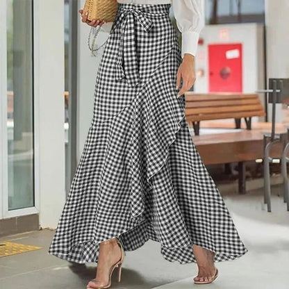 Spring Autumn Women Long Skirt High Waist Lace-up Ruffle Trim Plaid Print Bow Tie Irregular Hem Maxi Skirt Female 2026 New