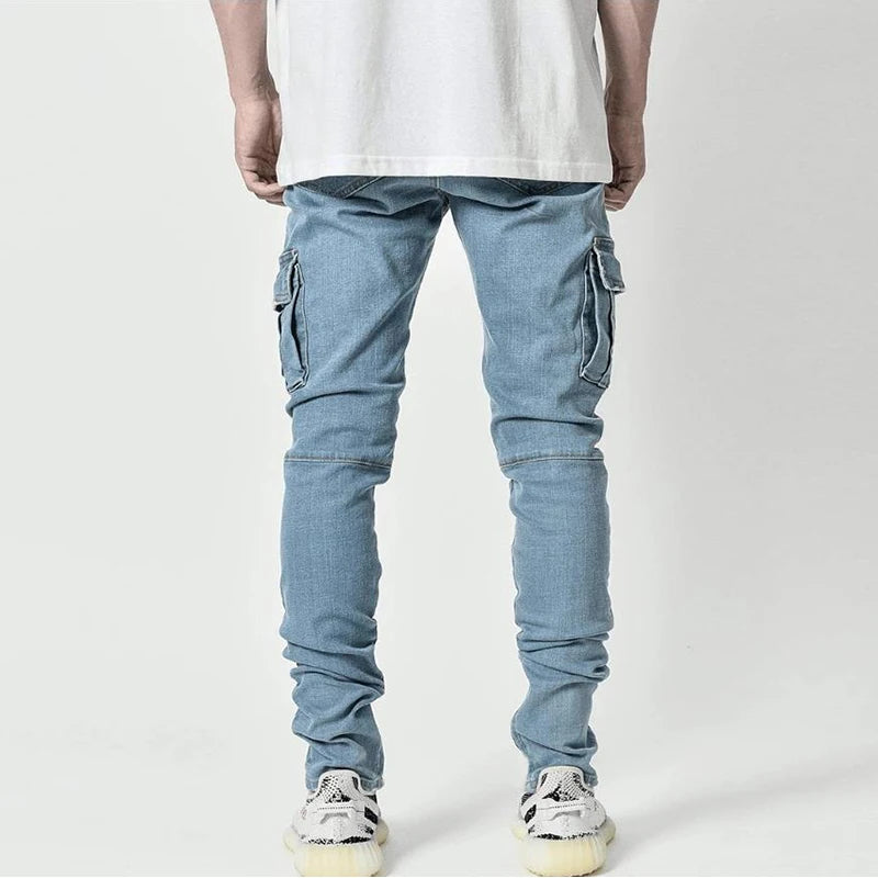 Jeans Men Pants Wash Solid Color Multi Pockets Denim Mid Waist Cargo Jeans Plus Size Fashion Casual Trousers Male Daily Wear