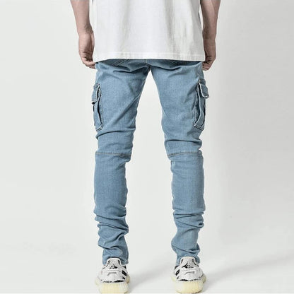 Jeans Men Pants Wash Solid Color Multi Pockets Denim Mid Waist Cargo Jeans Plus Size Fashion Casual Trousers Male Daily Wear