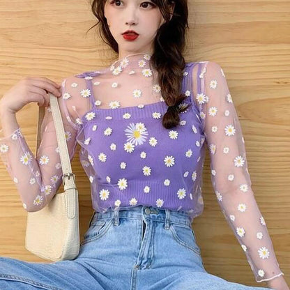 Women Daisy Flower Print Mesh Tops Long Sleeve Sheer Transparent Fishnet T Shirt Fashion Summer Sunscreen Tee 2026