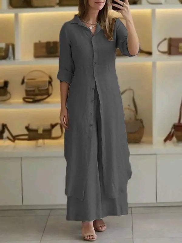 2025 New Product Women's Summer And Autumn Urban Elegant Cotton Hemp Slimming Waist Long Shirt Wide Leg Pants Two Piece Set