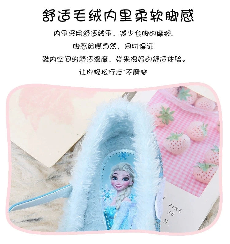 Disney Princess Crystal Girls Shoes Frozen Elsa Sophia Rhinestones Shoes Performance Party High Heels Pink Blue Shoes Size 23-36