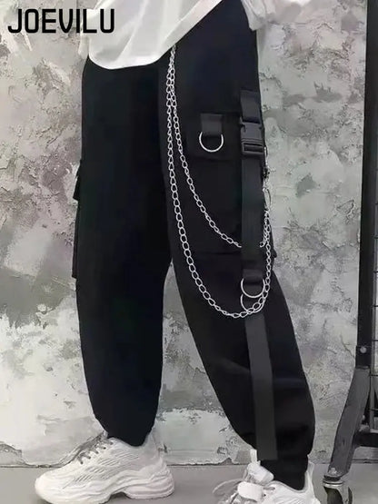 2PCS Women's Streetwear Outfits Loose Long Sleeve Shirt Ribbon Chain Cargo Pants 2 Piece Sets Korean Casual Unisex Couple Suit