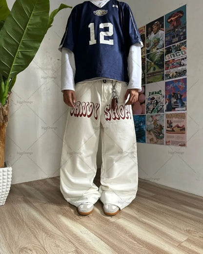 Y2K Harajuku Retro Washed Baggy Jeans Street Hip-hop Anime Printed Wide Pattern Straight Pants Men Trendy Brand Casual Trousers