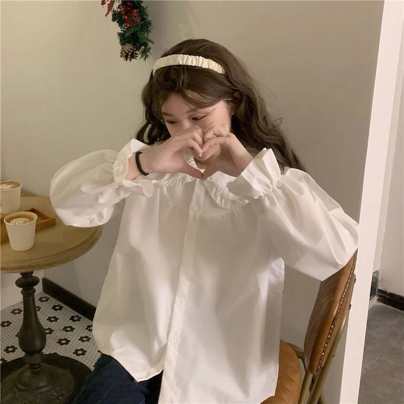 Gidyq Vintage Women White Shirt Preppy Style Fashion Elegant Female Long Sleeve Blouse Y2K Sweet Kawaii All Match Shirts