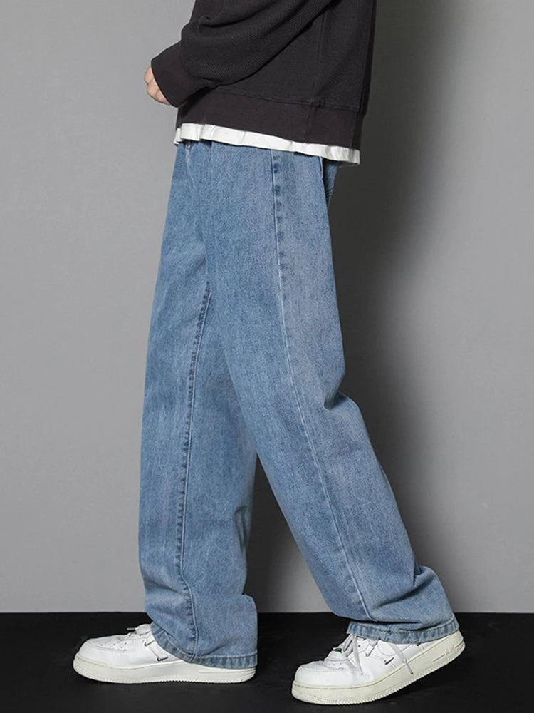 2026 New Korean Men's Casual Long Jeans Classic Man Straight Denim Wide-leg Pants Solid Color Light Blue Grey Black 3XL