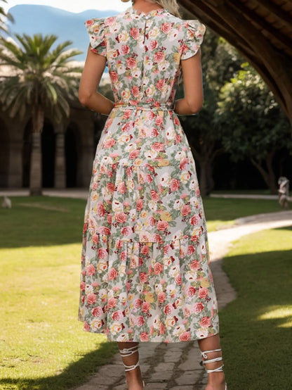 Elegant Floral Prints Dresses For Summer Women Dress 2026 New O-neck Short Flying Sleeves Lace Up High Waisted Midi Dress Woman
