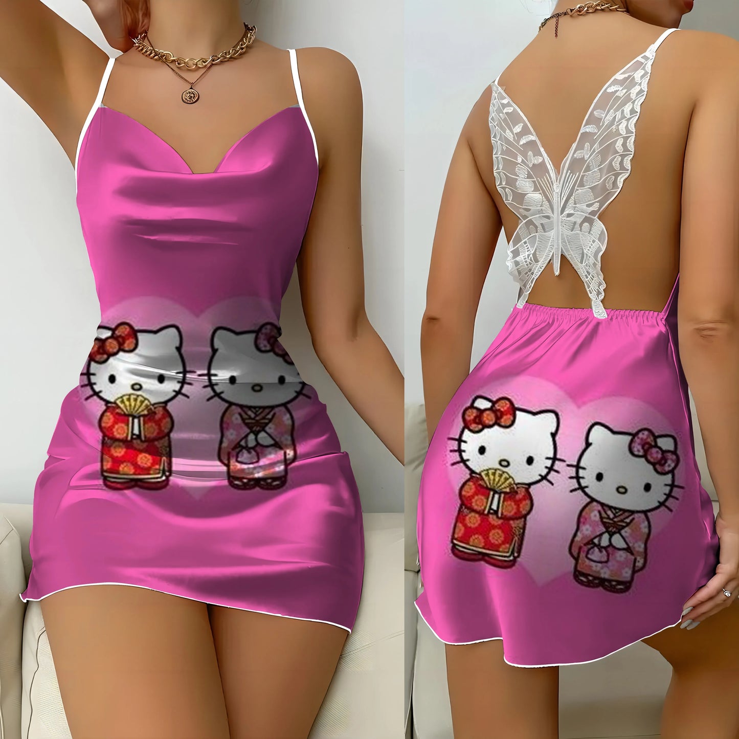 Mini Dress Pajama Skirt Hello Kitty Sexy Dresses Off Shoulder Bow Knot Satin Surface Women's Fashion Summer 2026 Short Party Lace