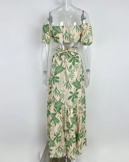 Women's Temperament Commuting Slim Fit Printing Hollow Lace up Large Swing Dress Women's Fashion Short Sleeve High Waist Dr